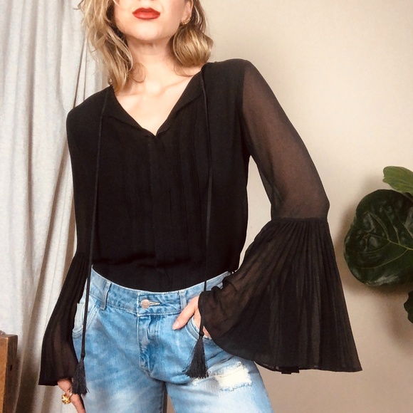 White House Black Market Tops - Tassel Tie Bell Sleeve Semi Sheer Dressy Top